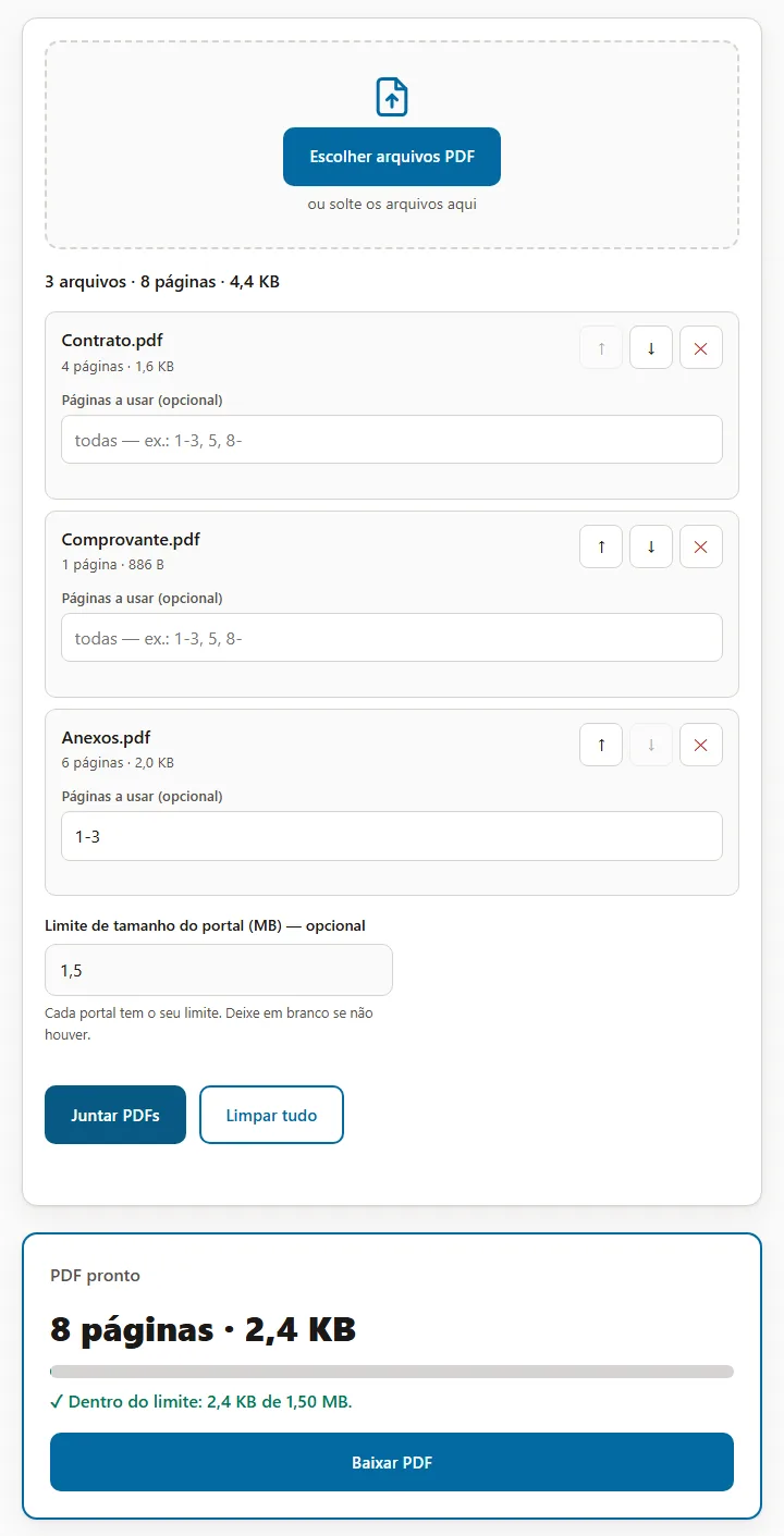 Tela da ferramenta com três arquivos na lista (Contrato, Comprovante e Anexos), limite de 1,5 MB informado e o resultado: 8 páginas, dentro do limite